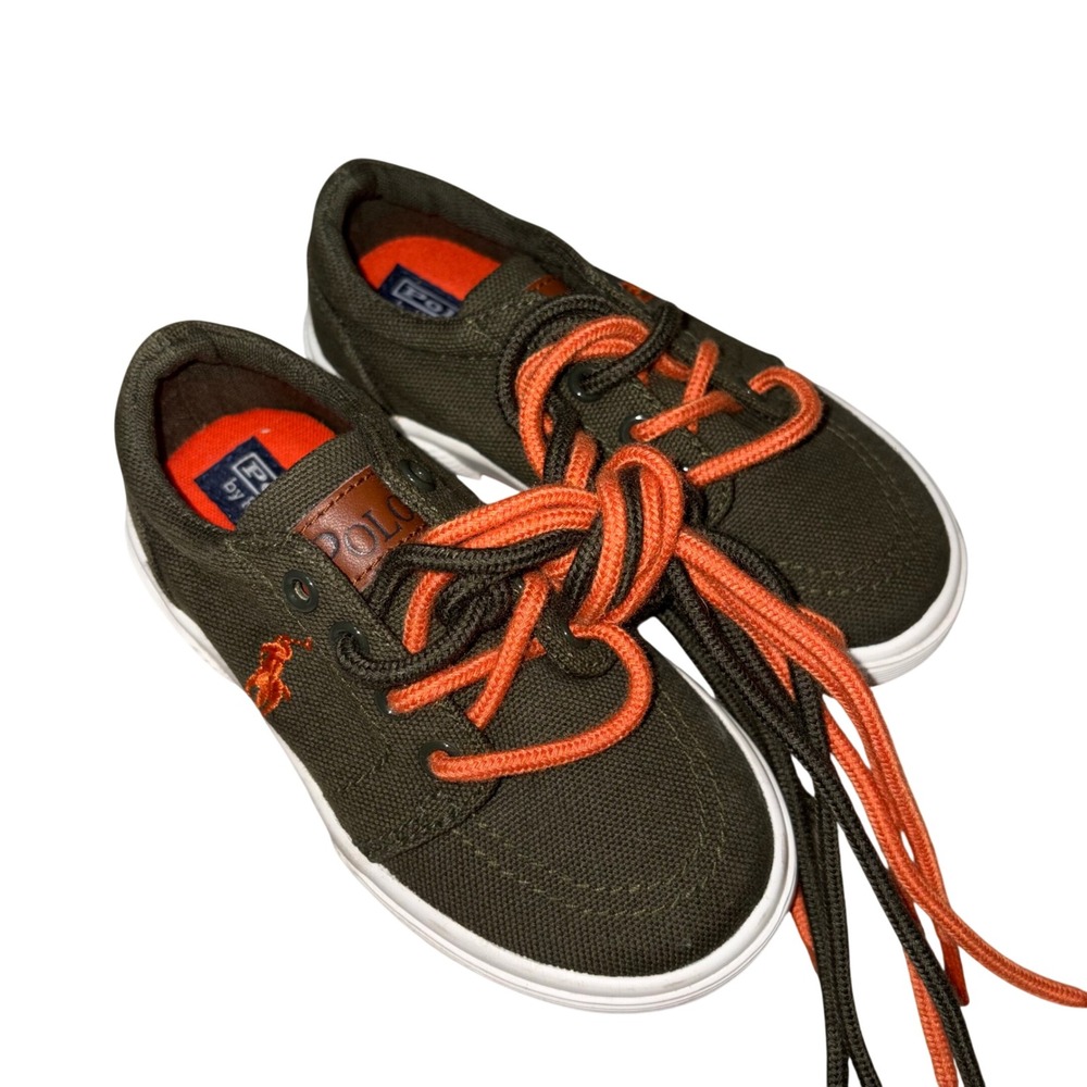 Polo Ralph Lauren Faxon II Kids Olive Green Orange Canvas Sneakers Size 7‎ USA